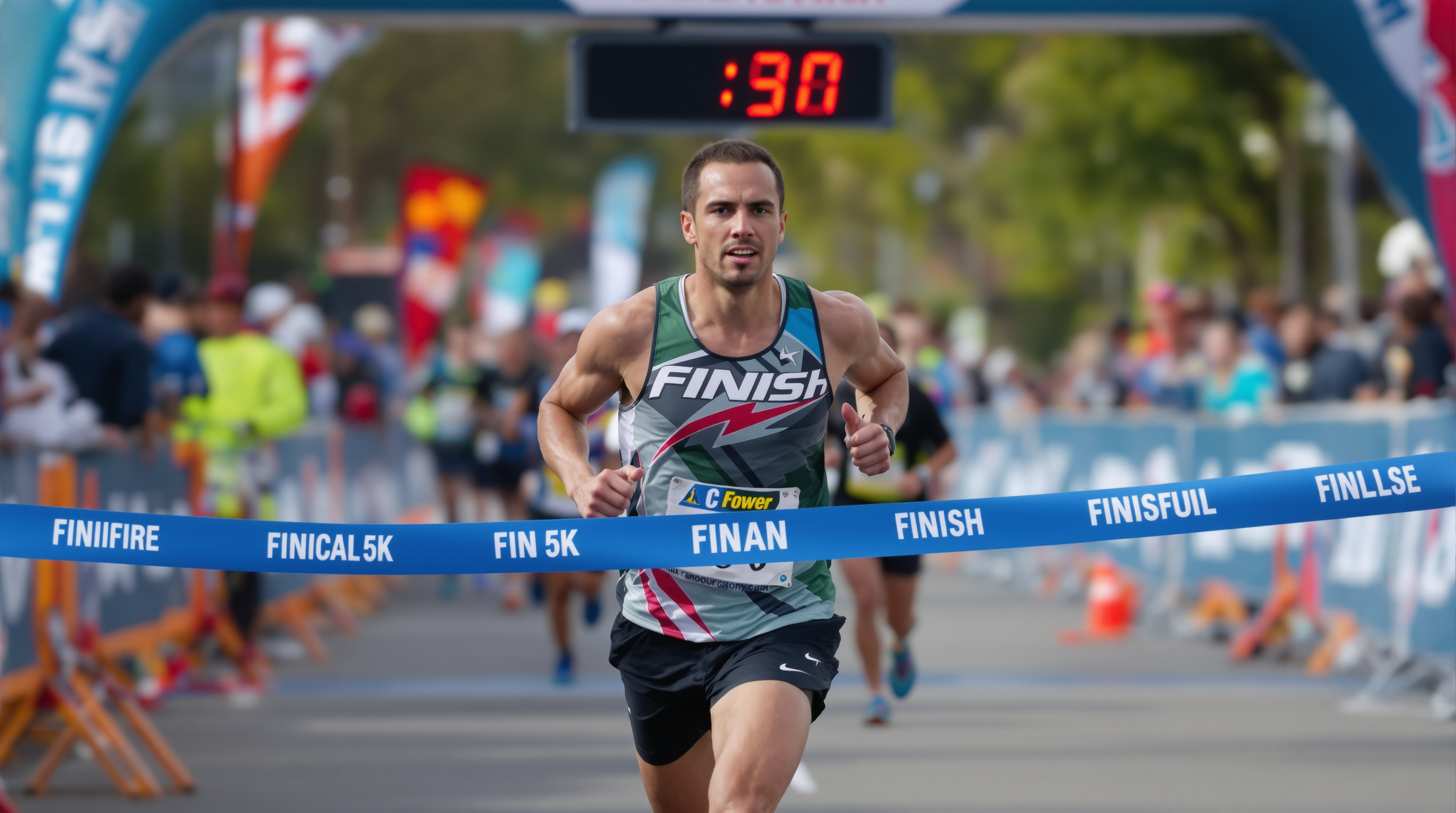 Powerful finish line sprint at 5K race with determination