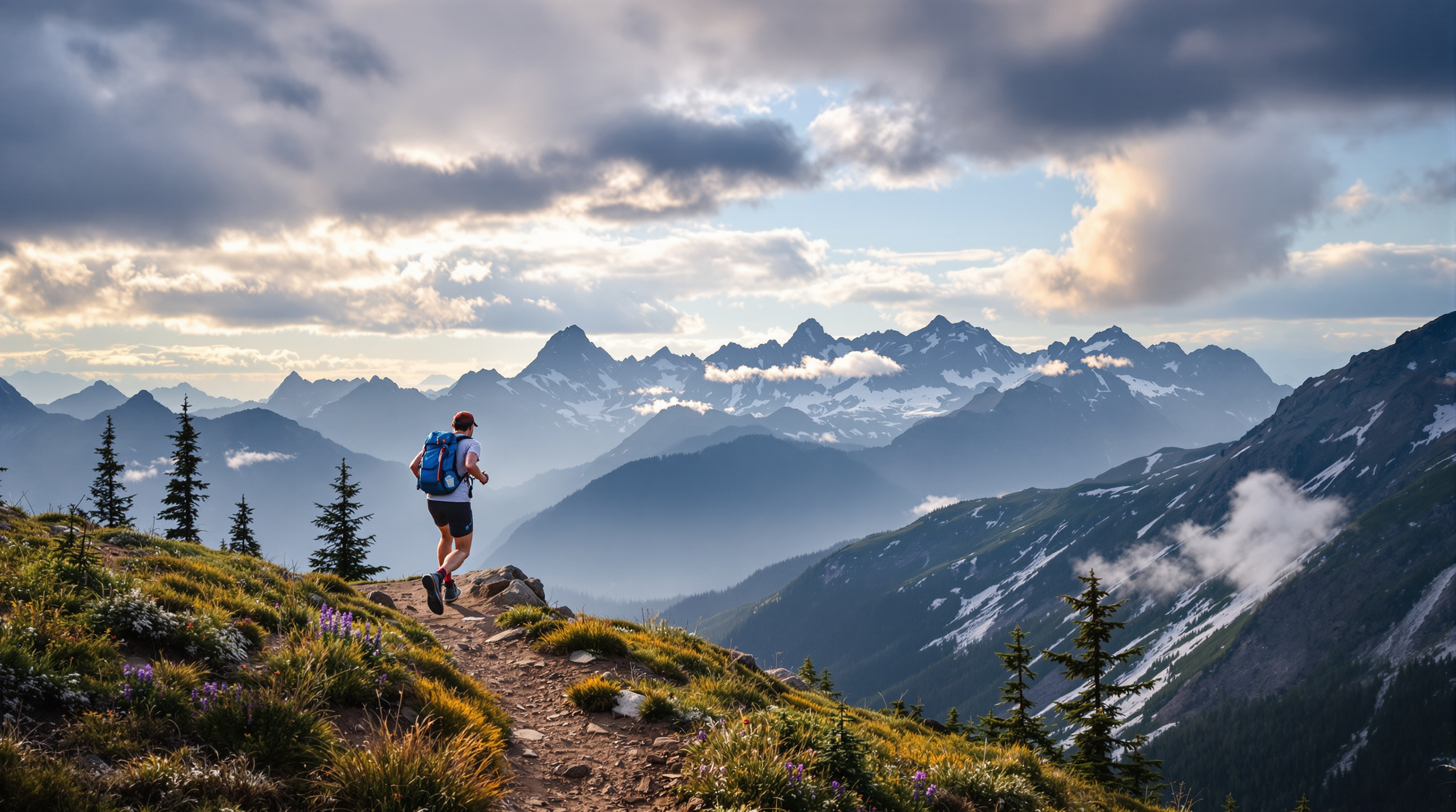 Trail runner on mountain path with Cascade peaks background