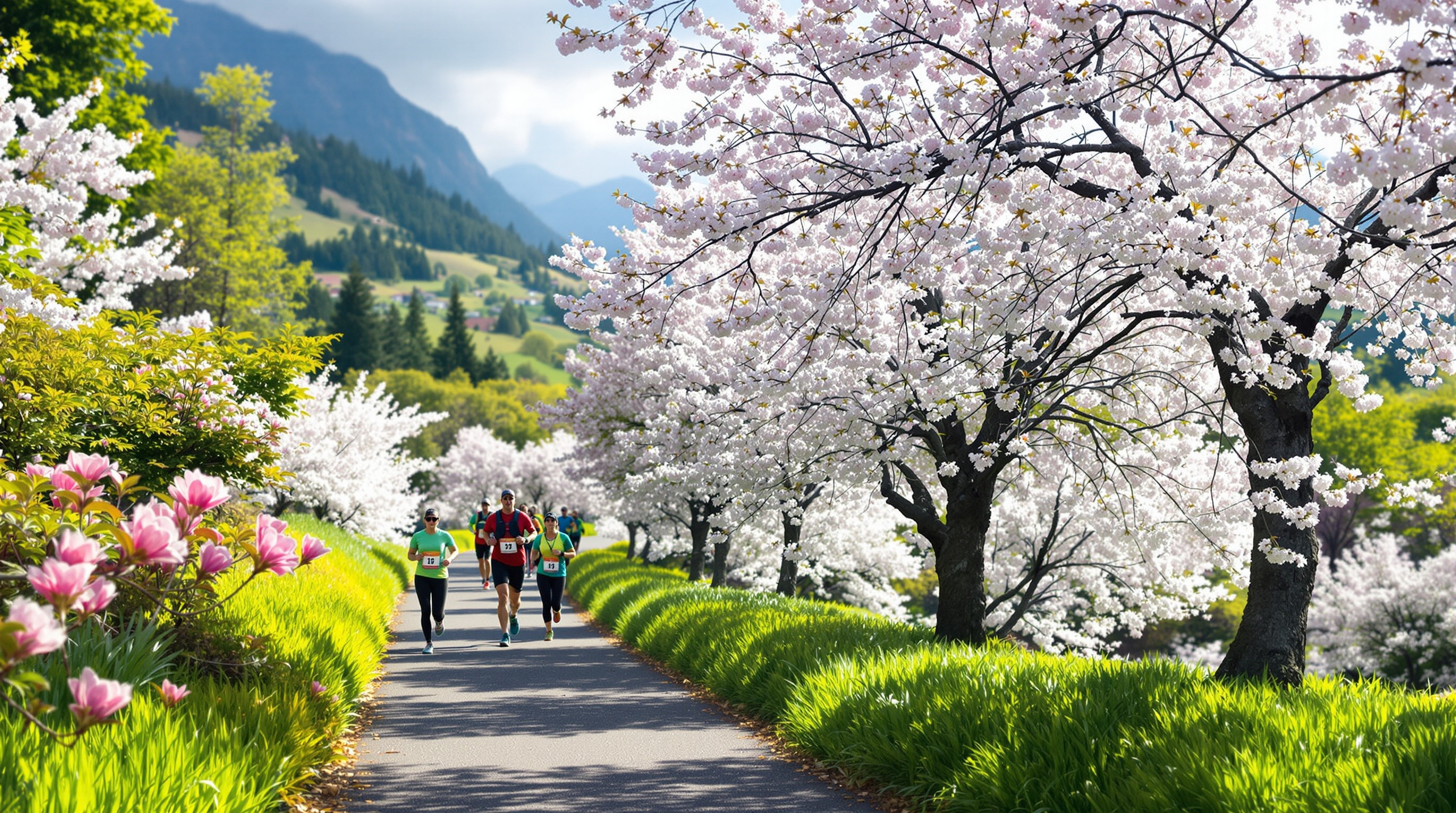 Spring race with blooming cherry blossoms and runners