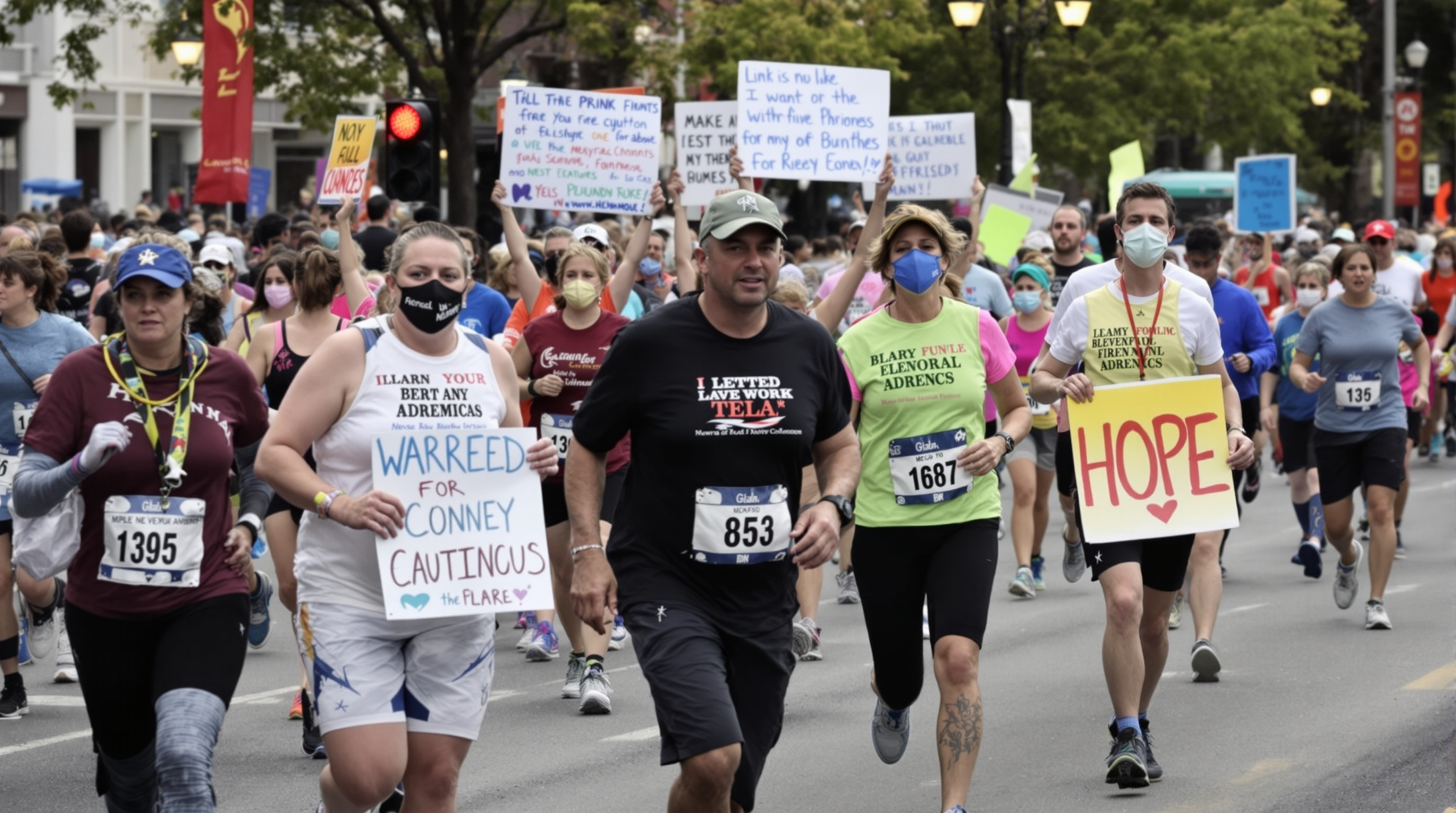 Memorial tribute scene at race with awareness signs