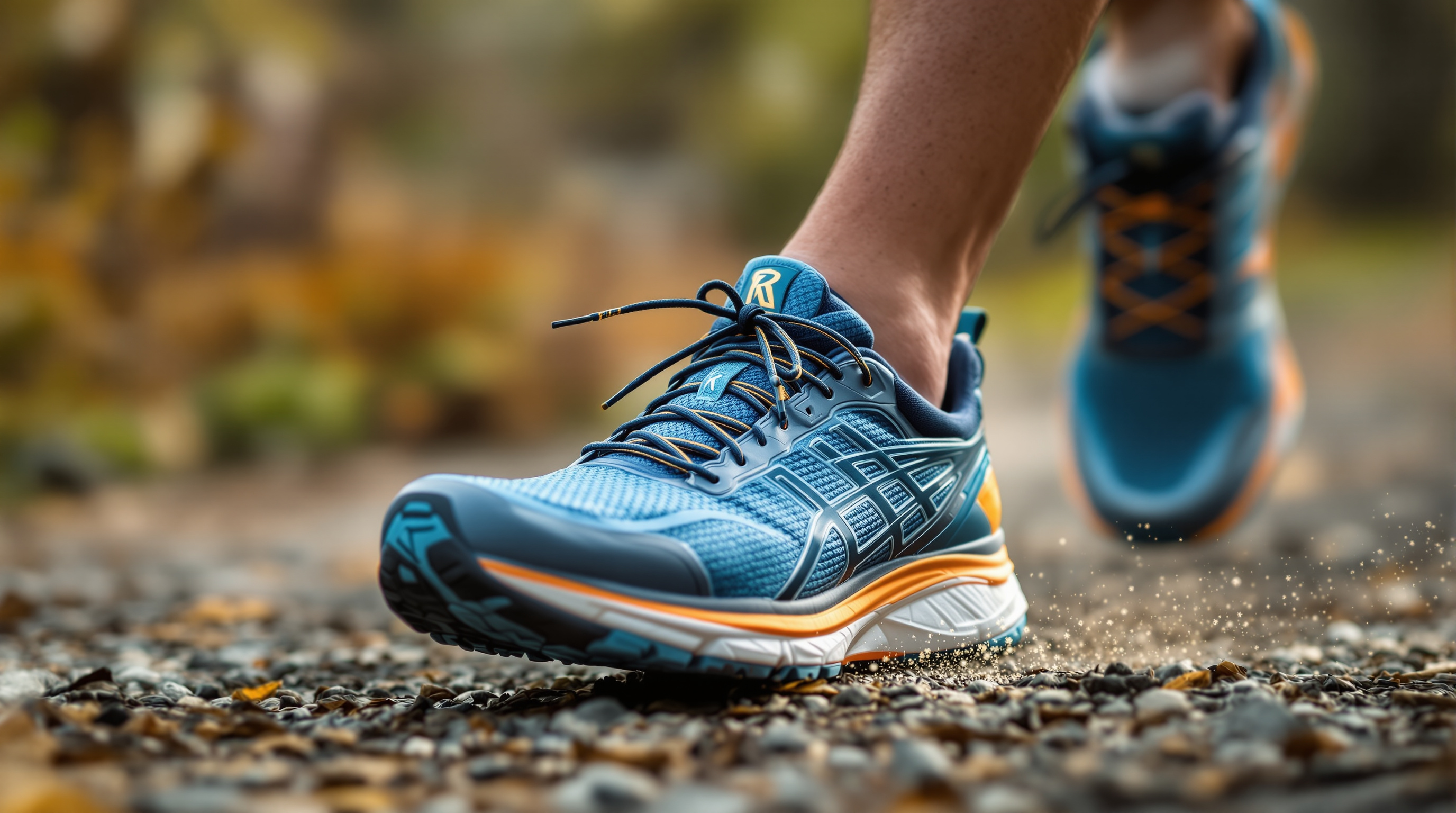 Close-up of high-quality running shoes in action mid-stride