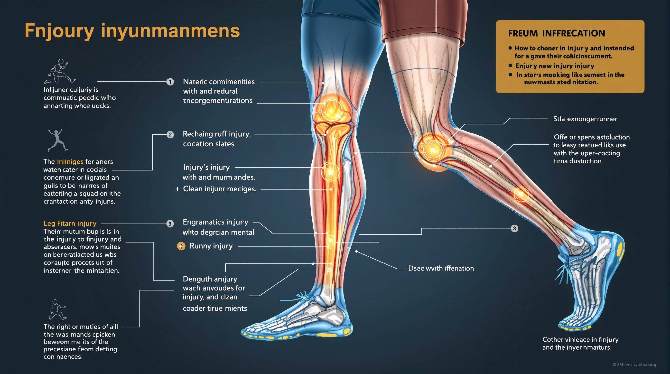 Anatomical illustration showing common running injury locations