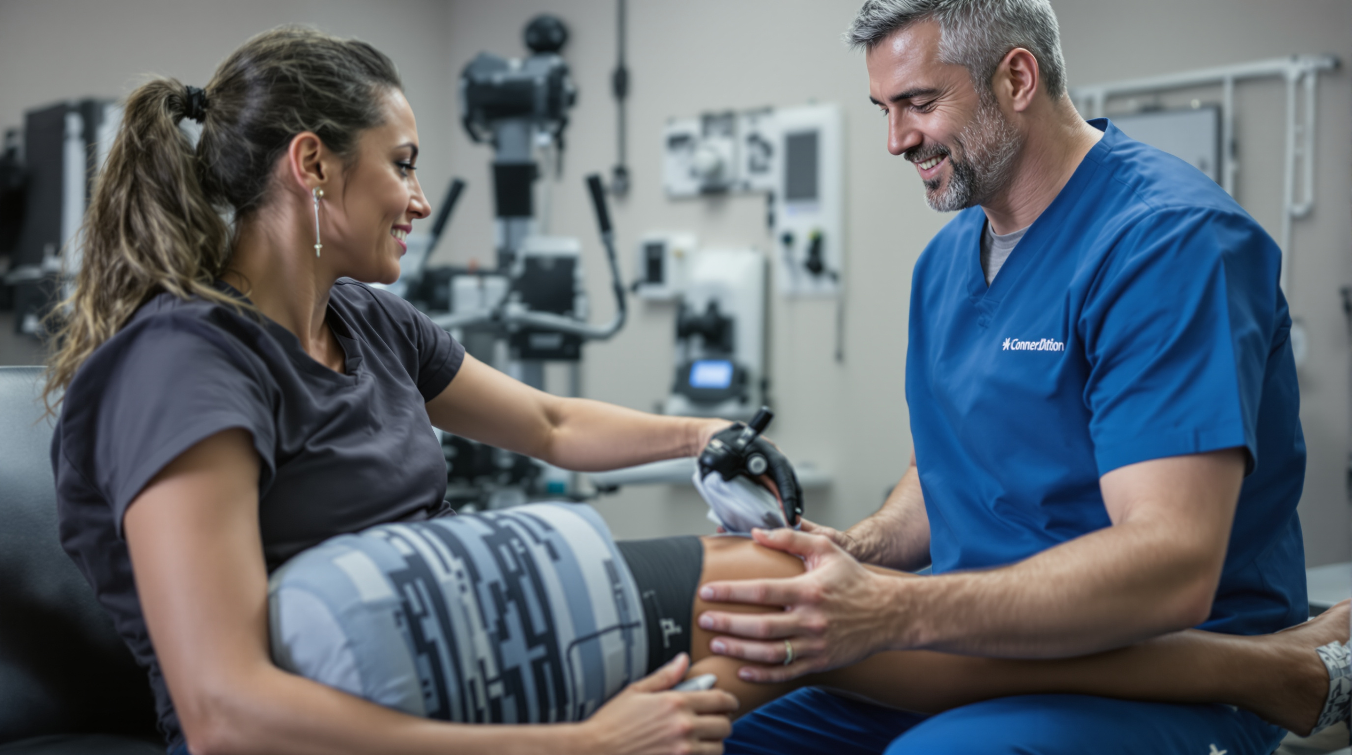 Physical therapist working with runner patient