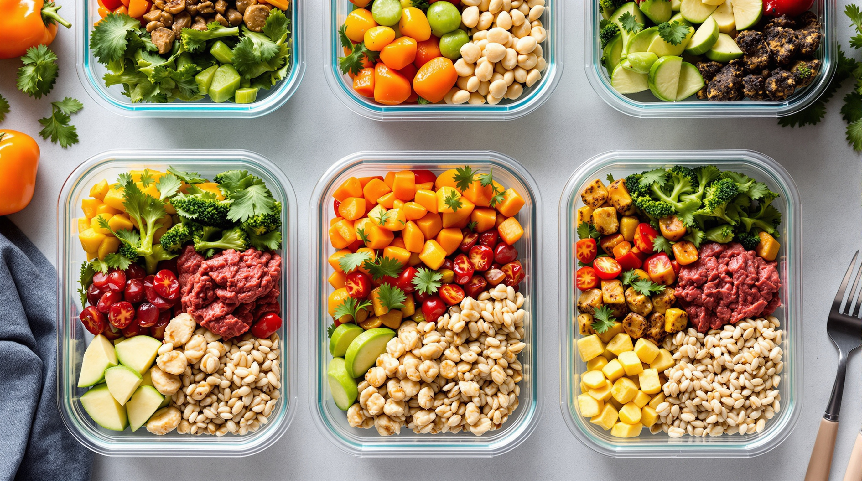 Balanced runner's meal prep containers with colorful vegetables, lean proteins, and whole grains