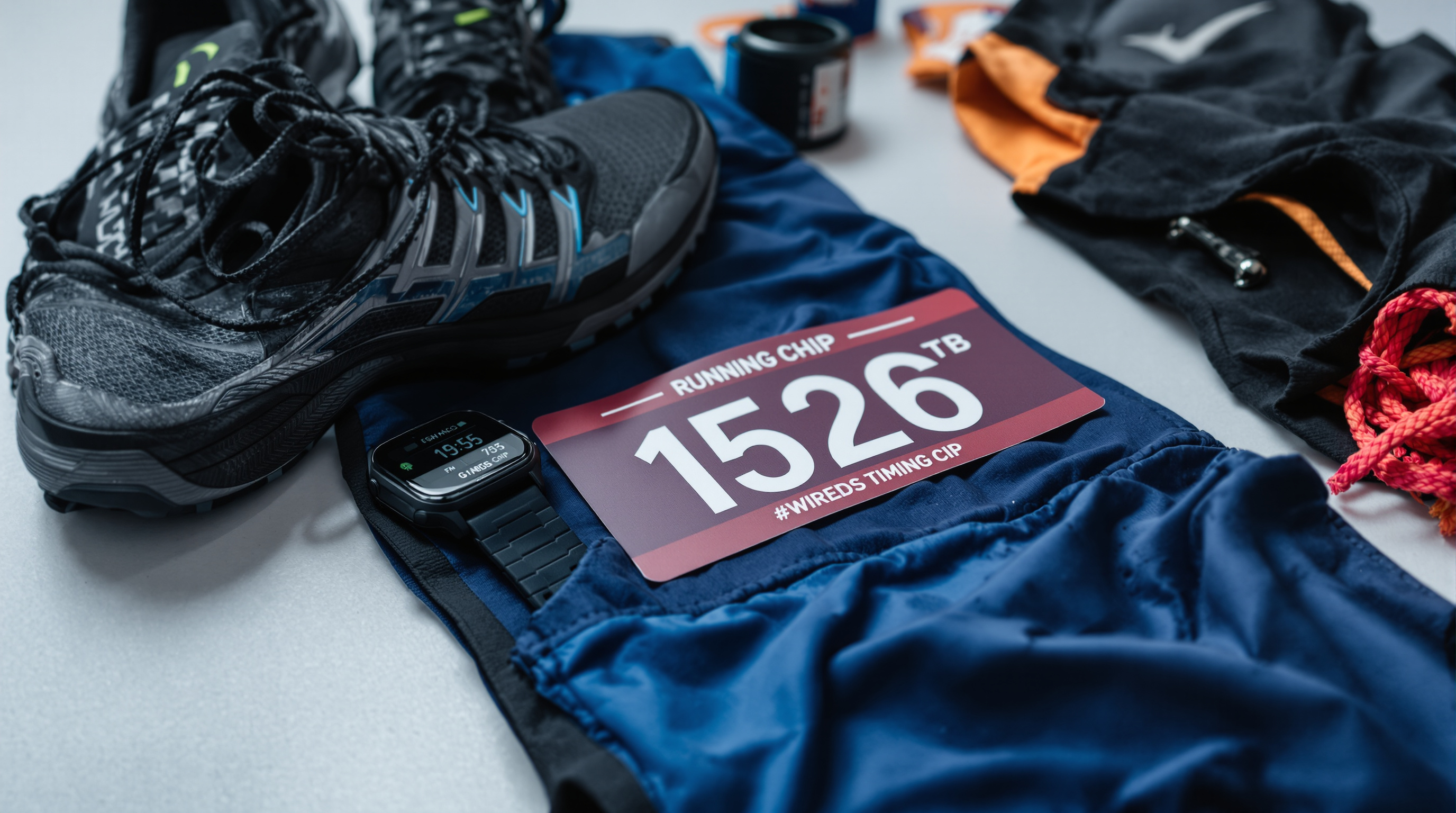 Close-up of running gear laid out methodically with race bib