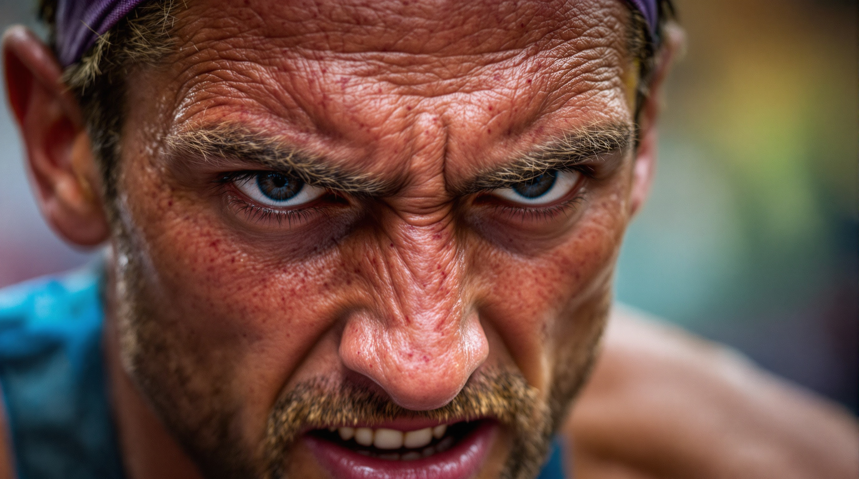 Close-up of determined runner's face mid-race showing mental toughness