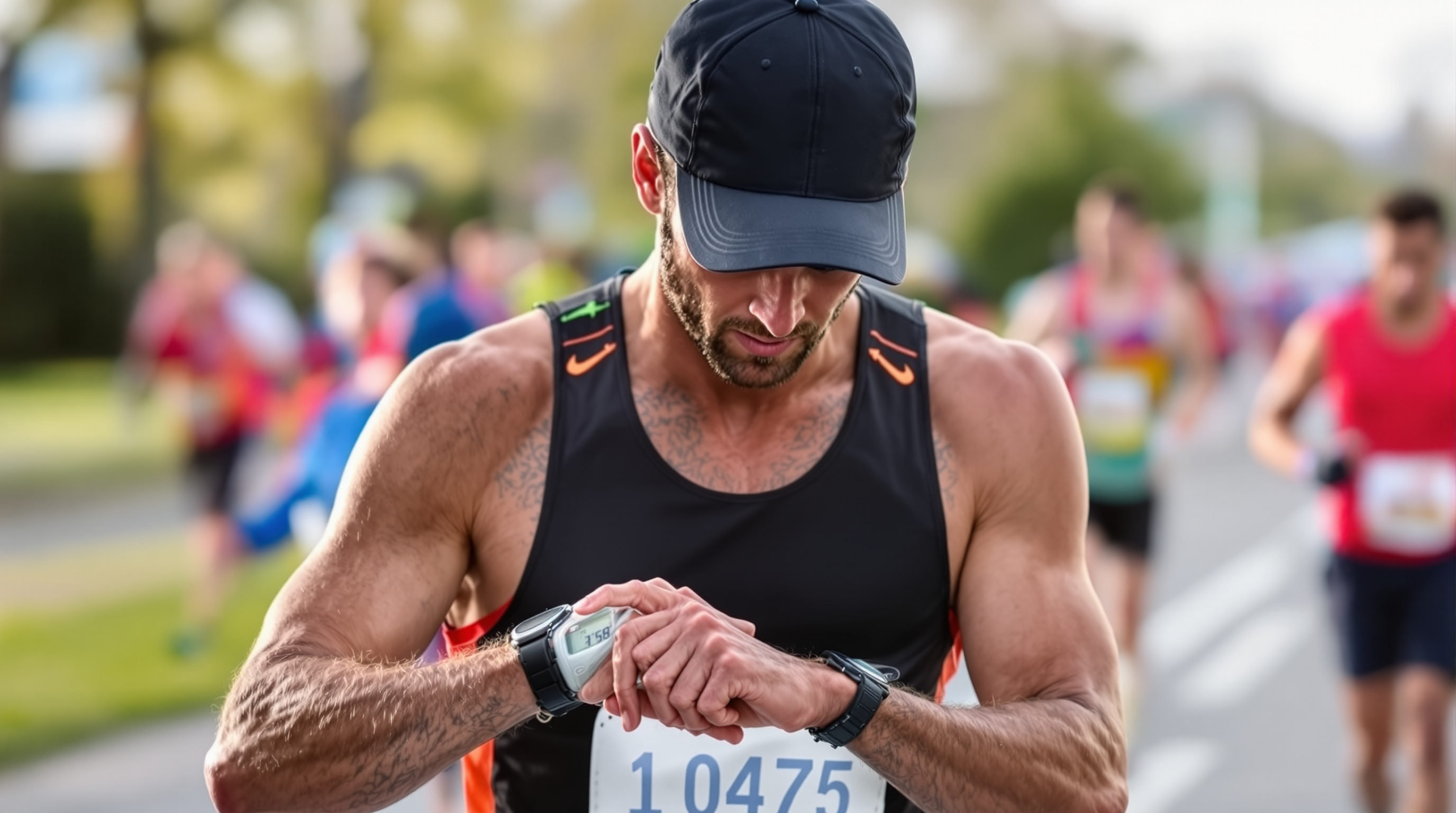 Runner checking GPS watch mid-race for pace monitoring