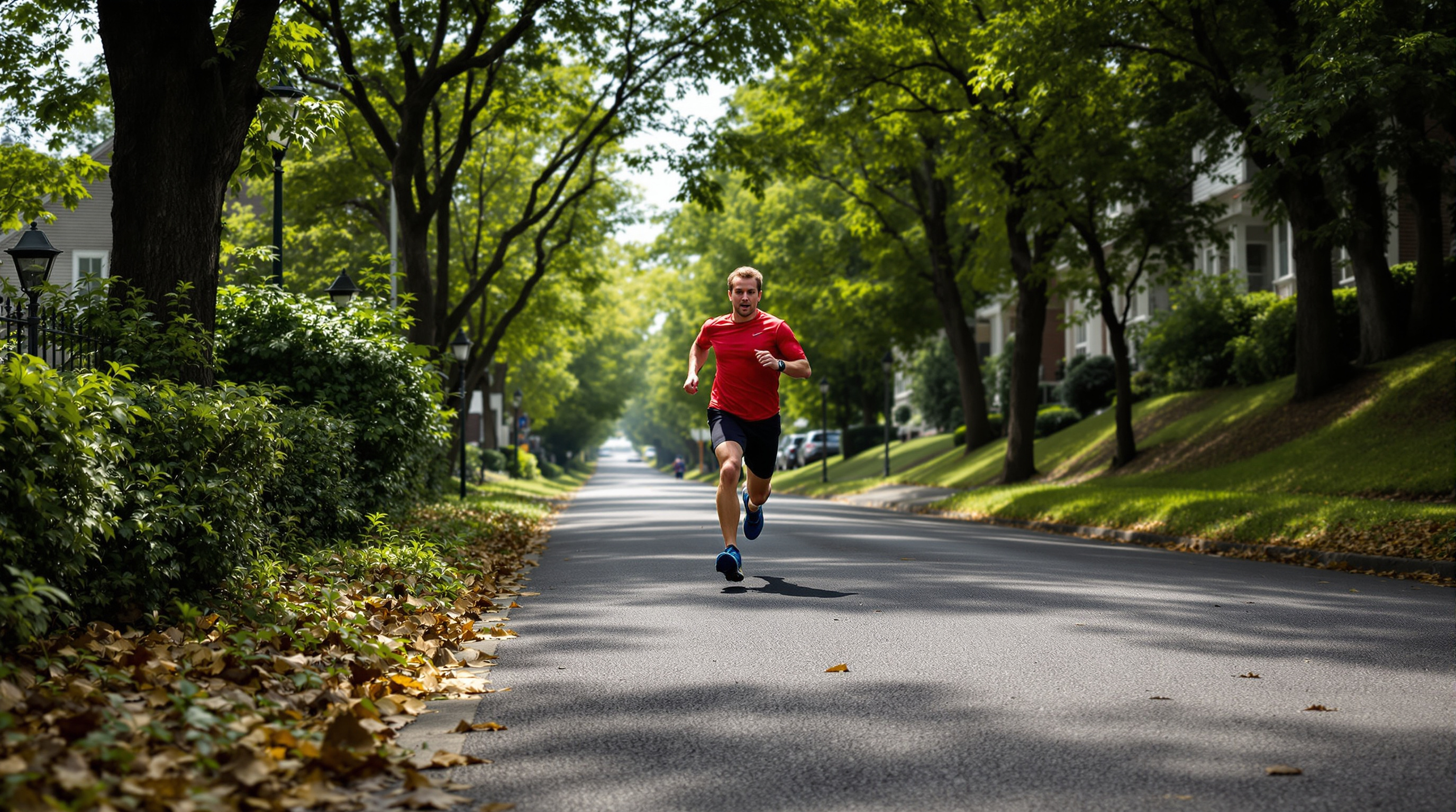 Determined runner powering up steep residential hill