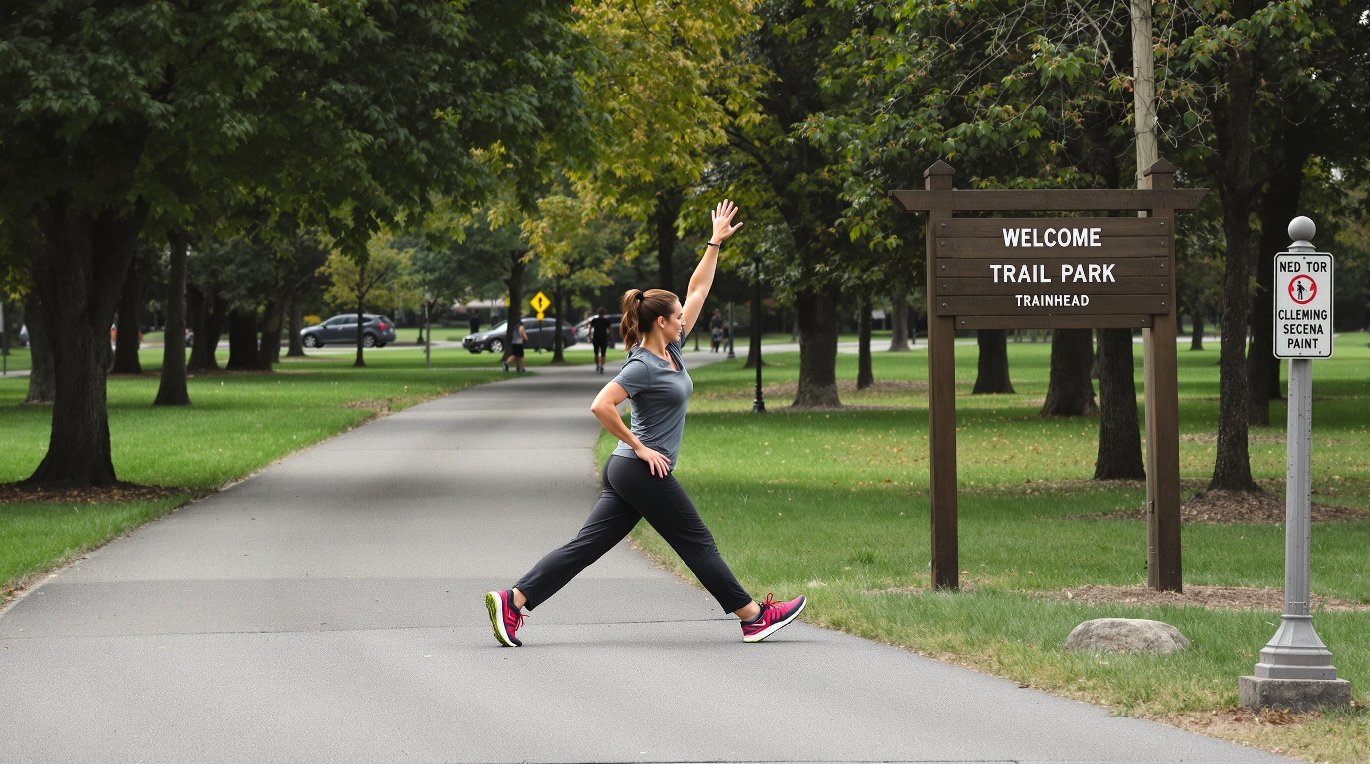 Runner stretching at park trailhead entrance with green space